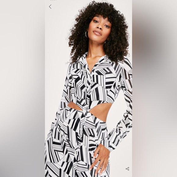 Nasty Gal Abstract Print Button Up Cut Out Midi Shirt Dress Black White 4 Small - Picture 3 of 4